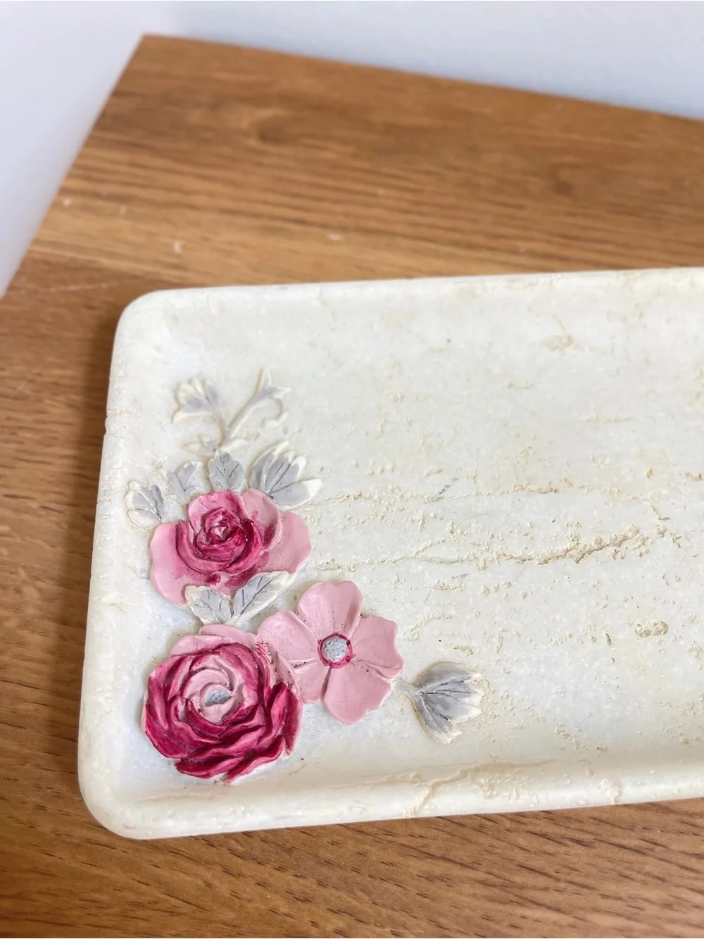 Cream Floral Ceramic/stone-like tray with Pink Rose Accent